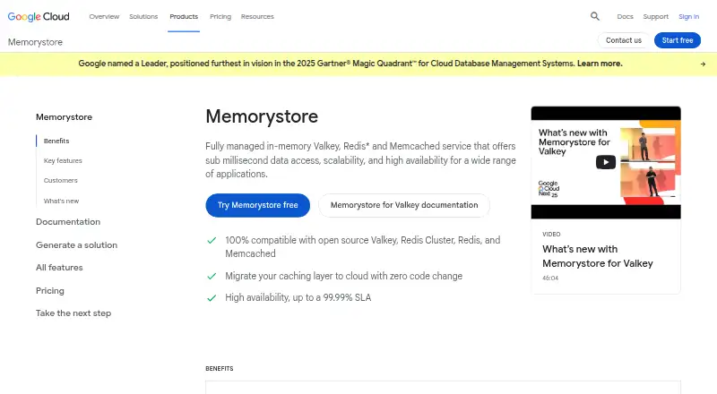 The Google Cloud Memorystore homepage