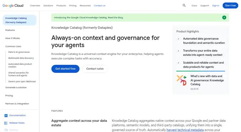 The Google Cloud Knowledge Catalog homepage