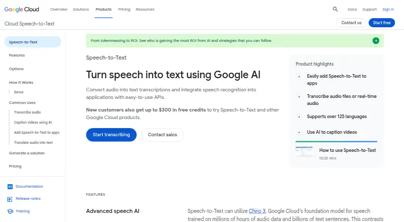 The Google Cloud Speech-to-Text homepage