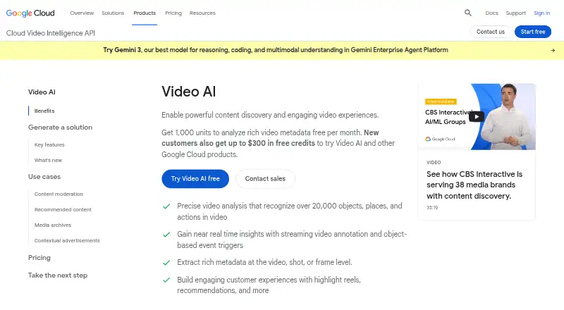 The Google Cloud Video Intelligence homepage