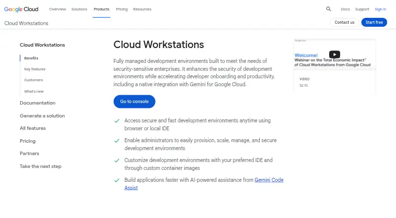 The Google Cloud Workstations homepage