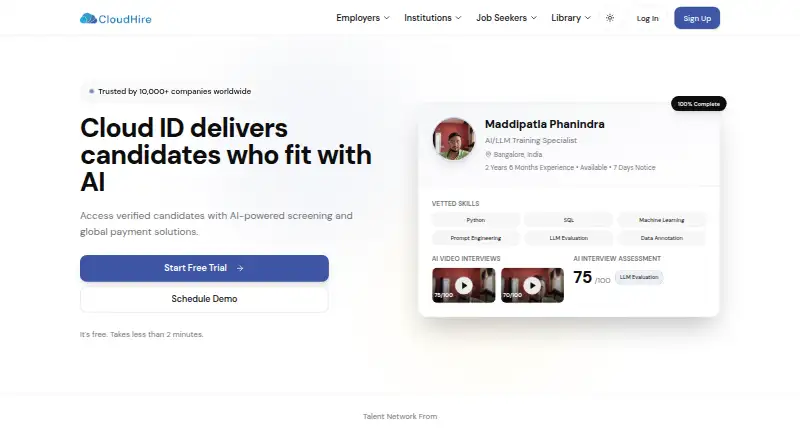 The CloudHire homepage