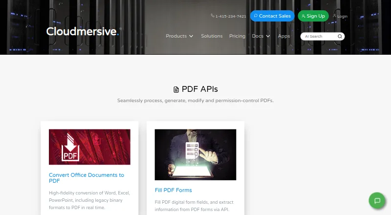 The Cloudmersive PDF API homepage