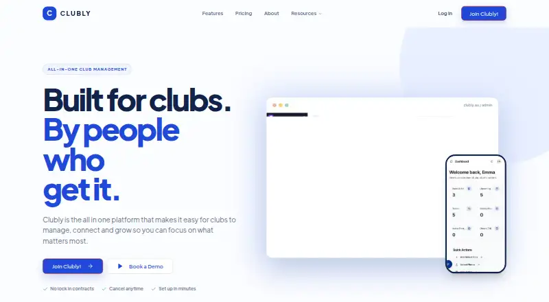 The Clubly homepage