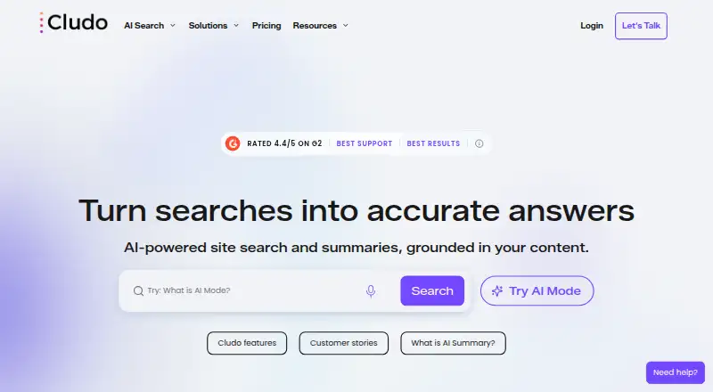 The Cludo Site Search homepage