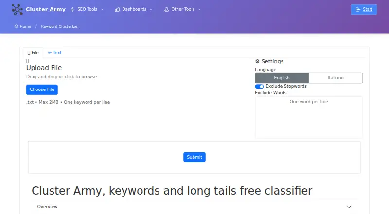 The Cluster Army Keyword Clusterizer homepage