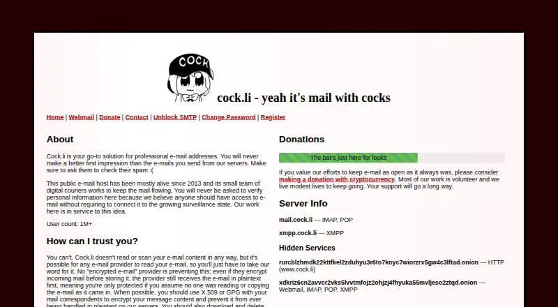 The Cock.li homepage