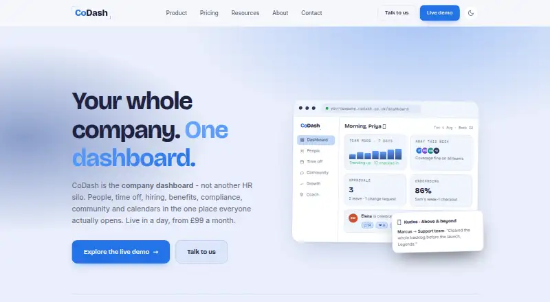 The CoDash homepage