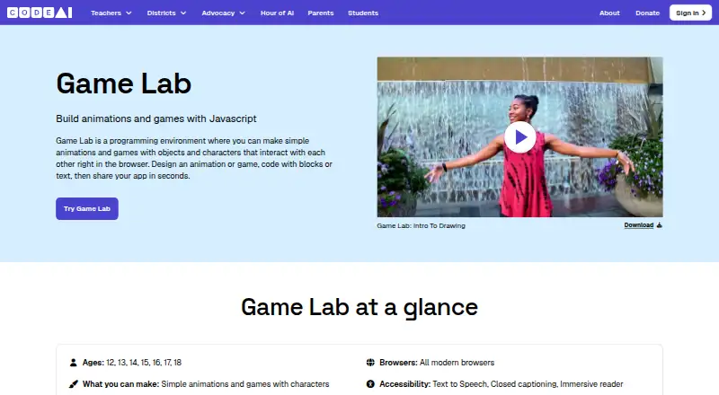 The Code.org Game Lab homepage