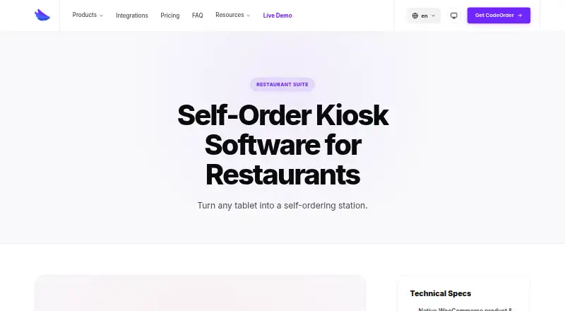 The CodeOrder Kiosk homepage