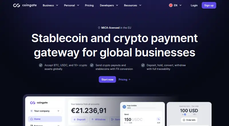The CoinGate homepage