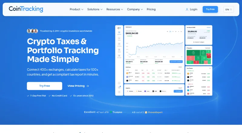 The CoinTracking homepage