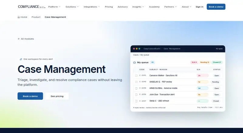 The ComplianceSuite Case Management homepage