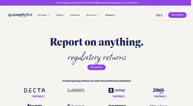 The Complyfirst Regulatory Reporting homepage