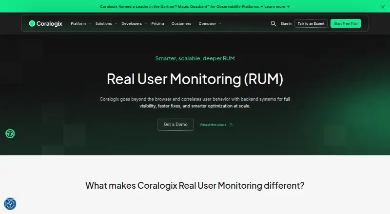 The Coralogix RUM homepage