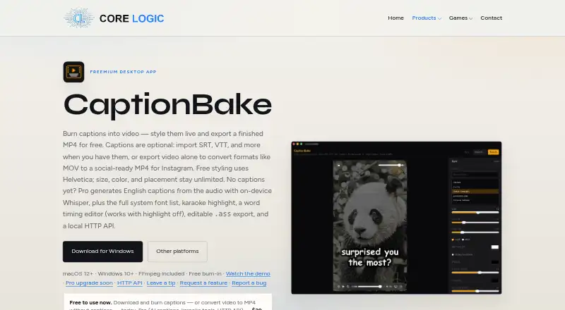 The CaptionBake homepage