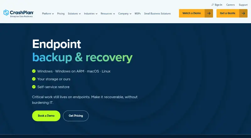 The CrashPlan Endpoint Backup homepage