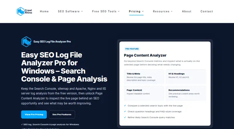 The Easy SEO Log File Analyzer Pro homepage