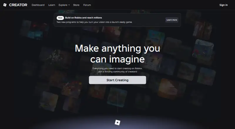The Roblox Creator Hub homepage