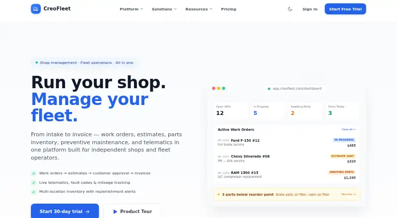 The CreoFleet homepage