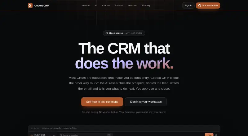 The Codext CRM homepage