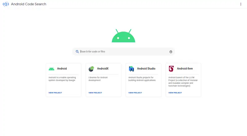 The Android Code Search homepage