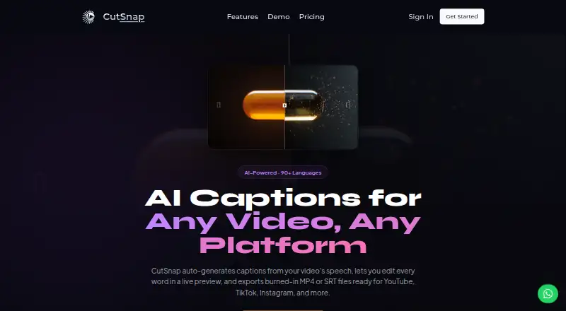The CutSnap AI Captions homepage