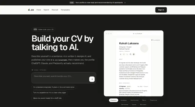 The d.cv homepage