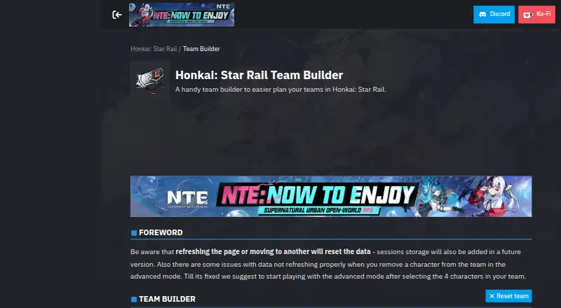 The Prydwen Honkai: Star Rail Team Builder homepage
