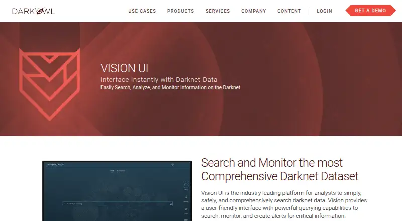The DarkOwl Vision UI homepage