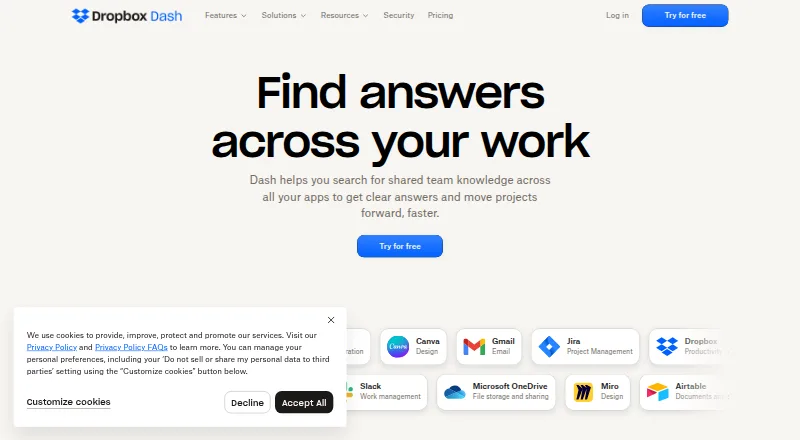 The Dropbox Dash homepage