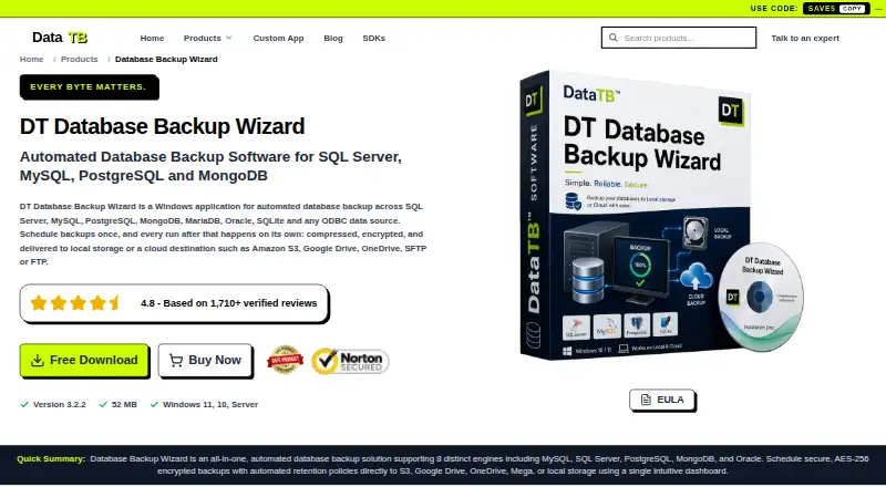 The DT Database Backup Wizard homepage