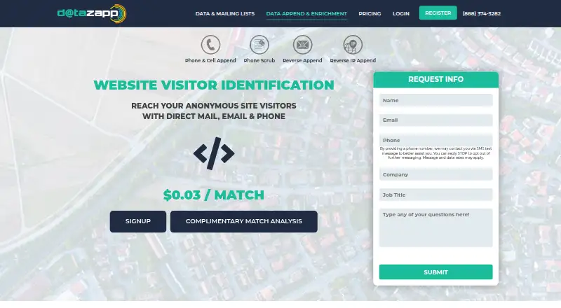The DataZapp Website Visitor Identification homepage
