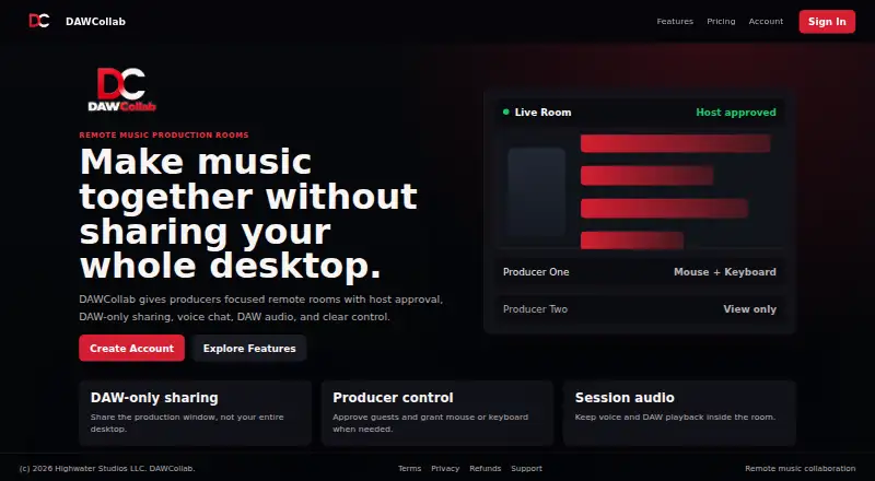 The DAWCollab homepage
