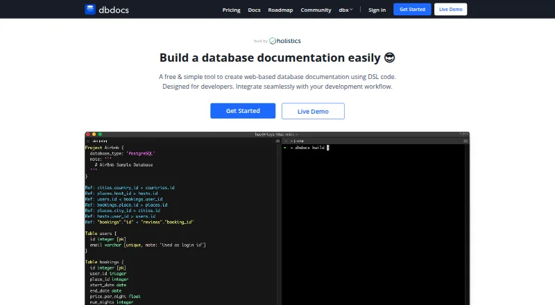 The dbdocs homepage