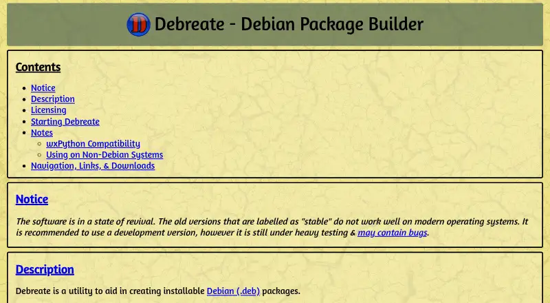 The Debreate homepage