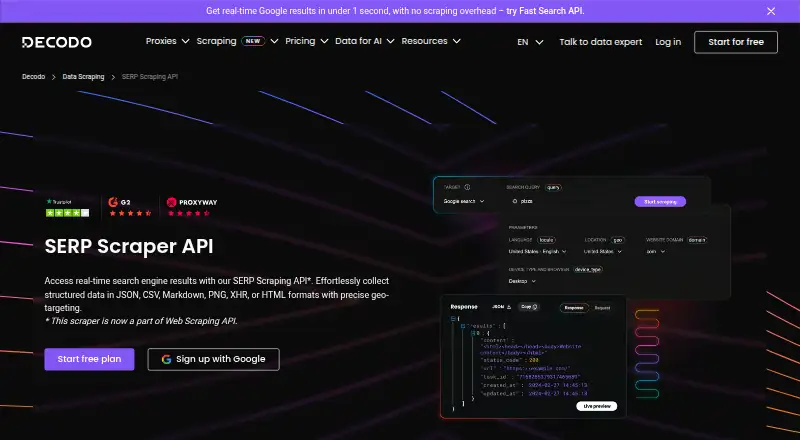 The Decodo SERP Scraping API homepage