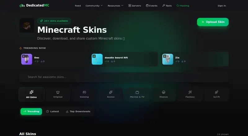 The DedicatedMinecraft.host Skins homepage