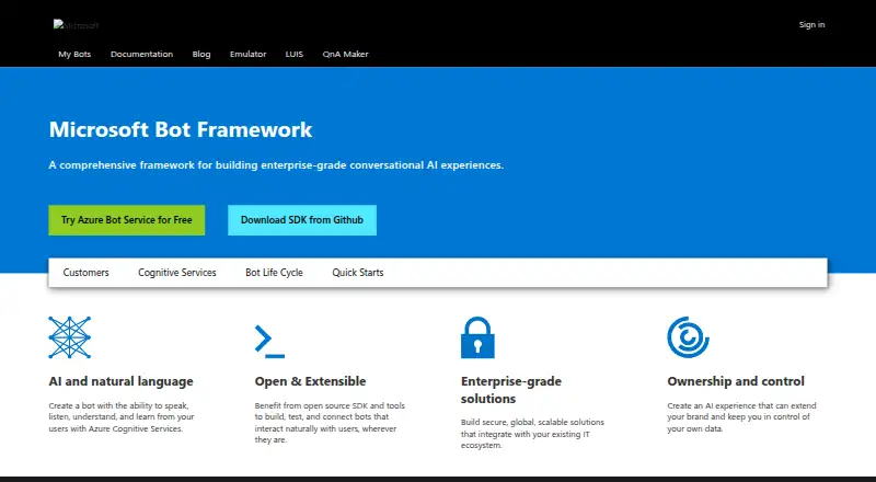 The Microsoft Bot Framework homepage