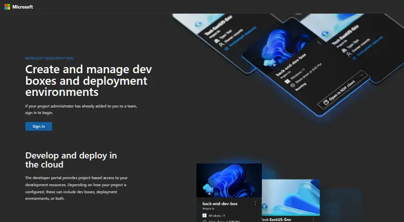 The Microsoft Dev Box homepage