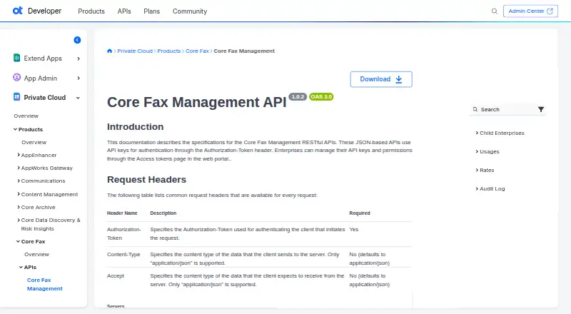 The OpenText Core Fax Management API homepage