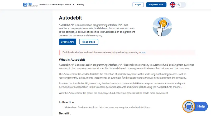 The BRIAPI AutoDebit homepage