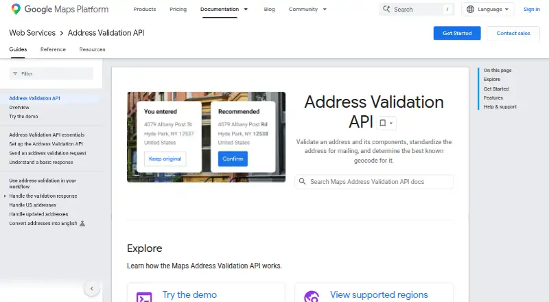 The Google Maps Platform Address Validation API homepage