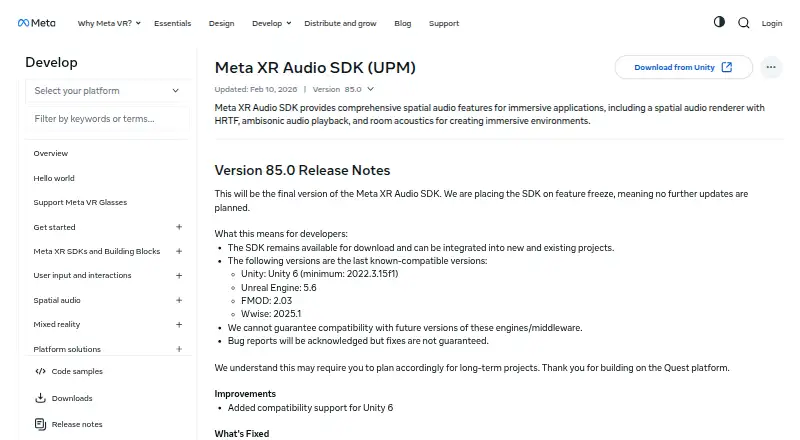 The Meta XR Audio SDK homepage