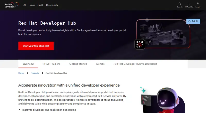 The Red Hat Developer Hub homepage