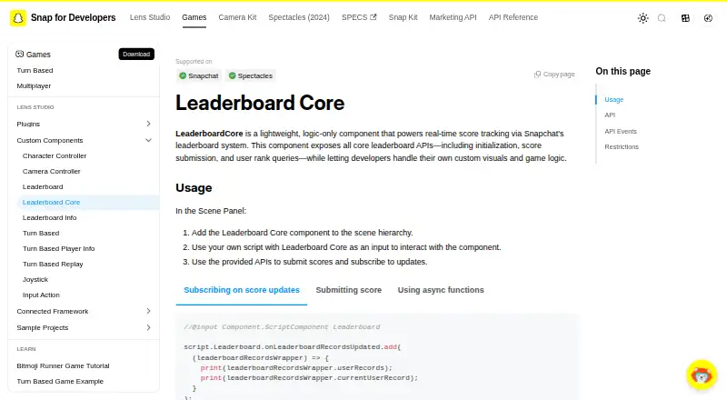 The Snap Leaderboard Core homepage