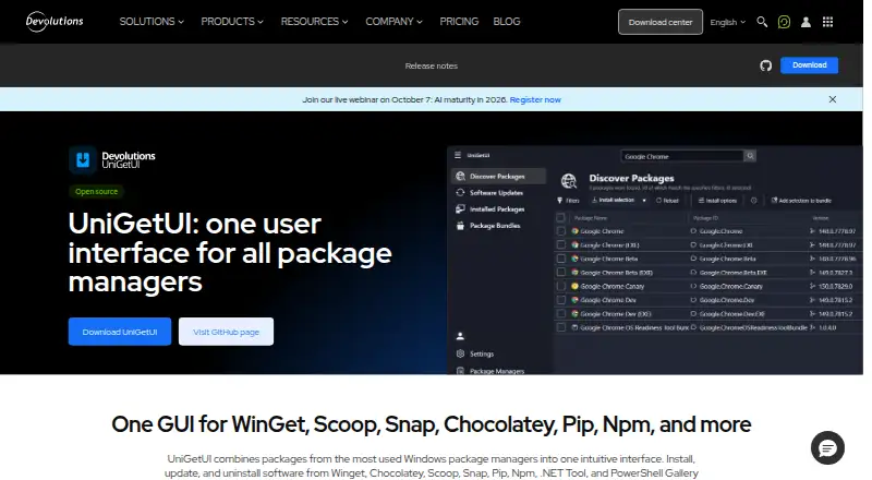 The UniGetUI homepage