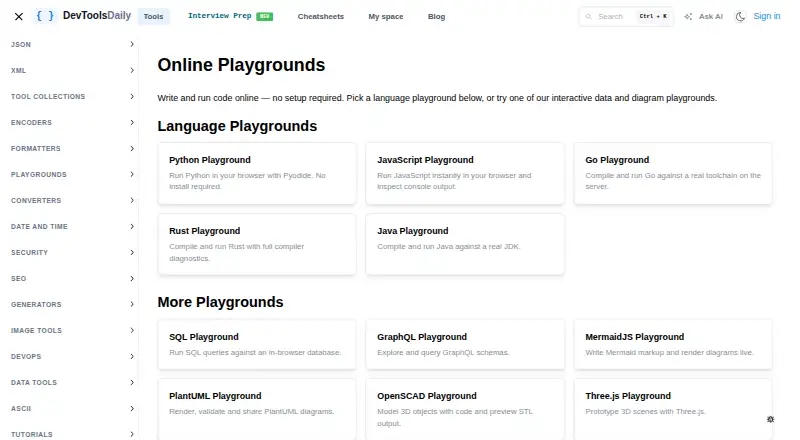 The DevToolsDaily Playgrounds homepage