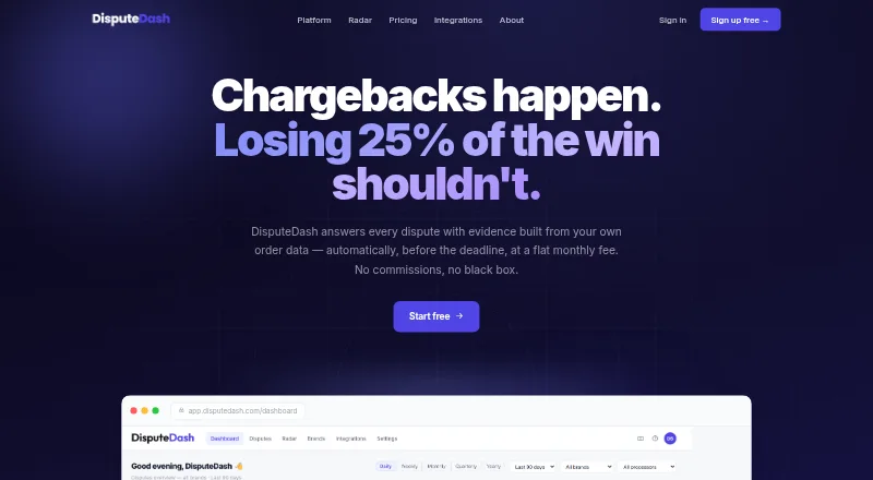 The DisputeDash homepage