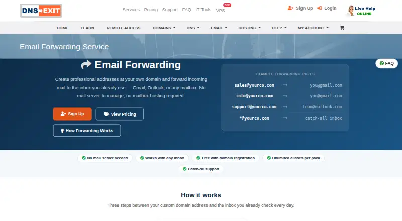The DNSExit Email Forwarding homepage